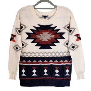 American Eagle Prescott Wool Blend Sweater Womens Small Cream‎ Aztec Geometric